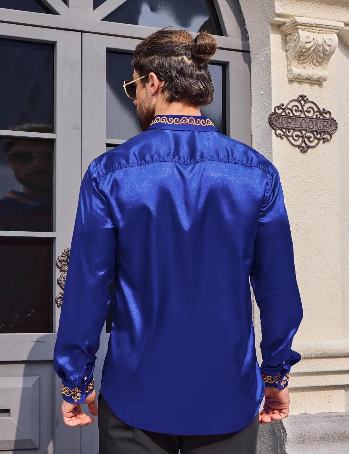 Men's Luxury Satin Dress Shirt Shiny Embroidery Silk Long Sleeve Button Up Shirts Prom Wedding Party Shirt