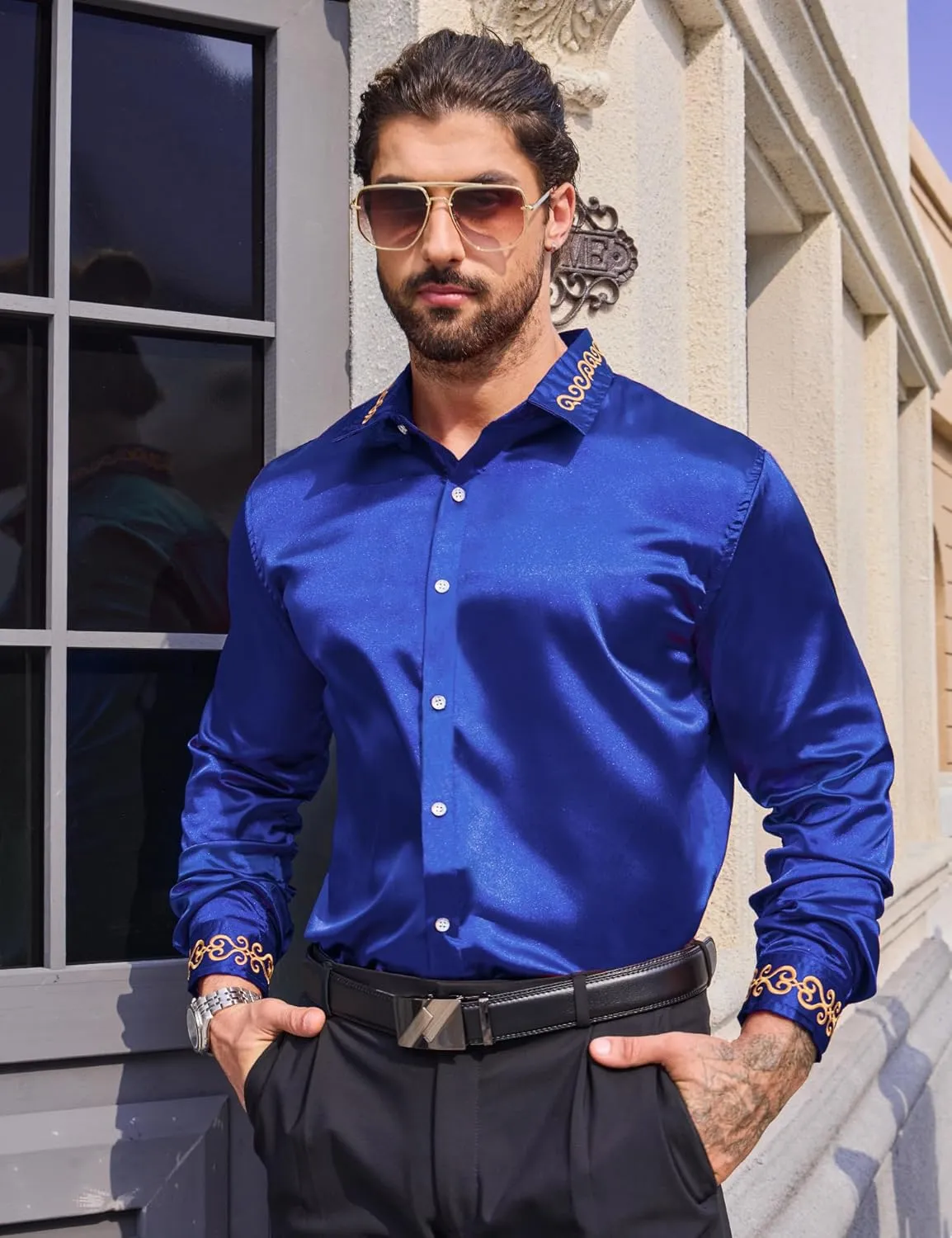 Men's Luxury Satin Dress Shirt Shiny Embroidery Silk Long Sleeve Button Up Shirts Prom Wedding Party Shirt