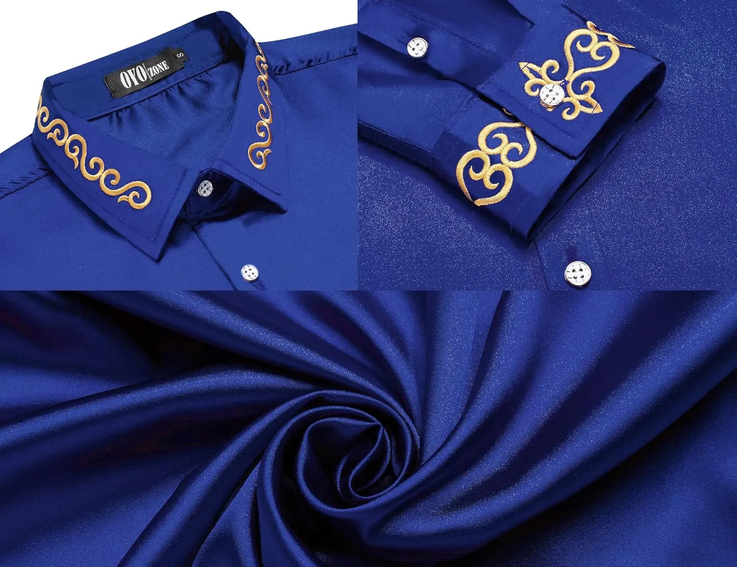 Men's Luxury Satin Dress Shirt Shiny Embroidery Silk Long Sleeve Button Up Shirts Prom Wedding Party Shirt
