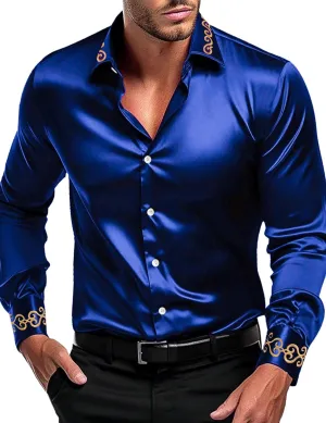 Men's Luxury Satin Dress Shirt Shiny Embroidery Silk Long Sleeve Button Up Shirts Prom Wedding Party Shirt