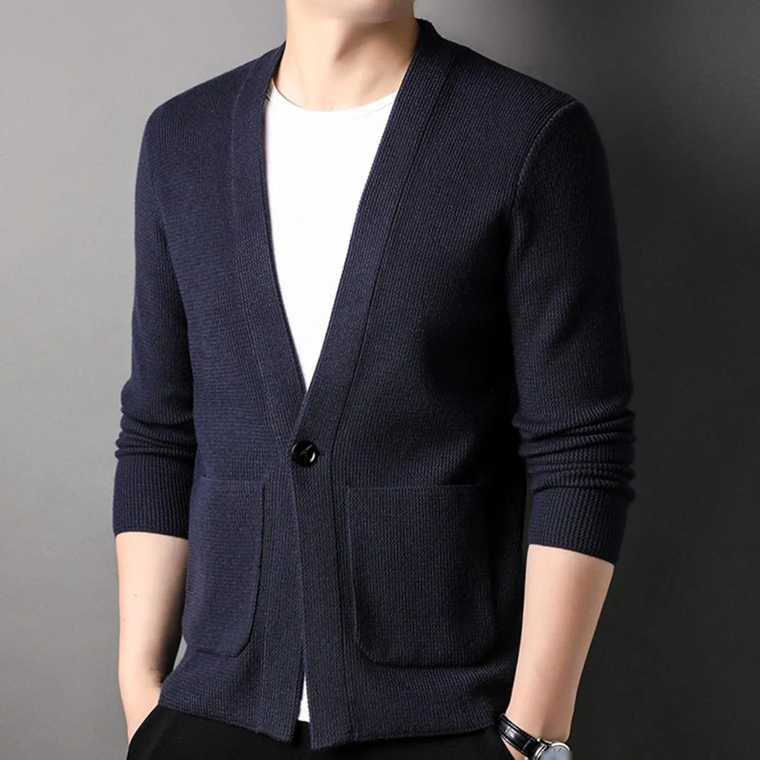 Mens Notch Collar Cardigan Slim Fit Casual Knitted Sweater Big Tall Button Down Cardigans