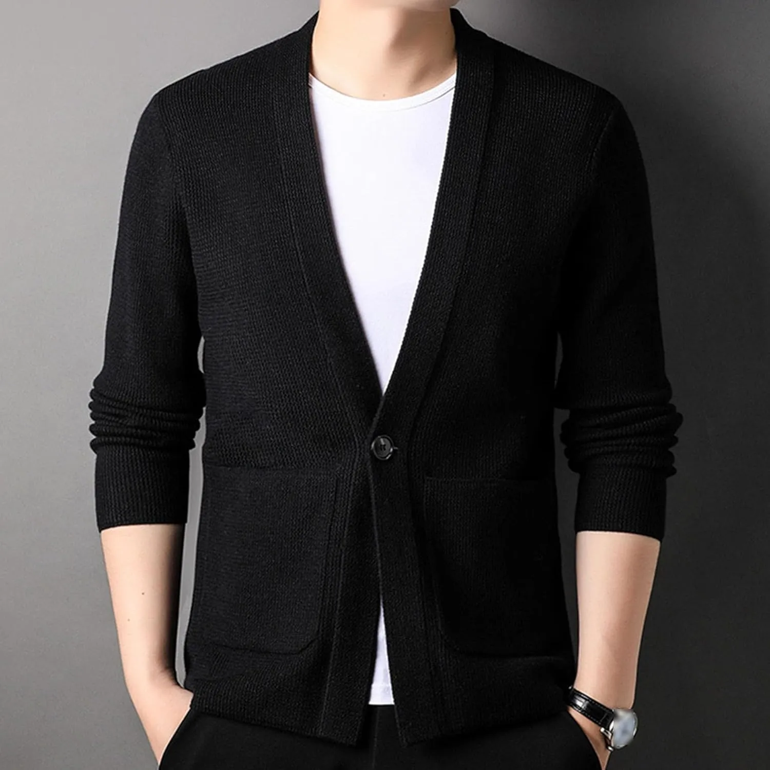 Mens Notch Collar Cardigan Slim Fit Casual Knitted Sweater Big Tall Button Down Cardigans