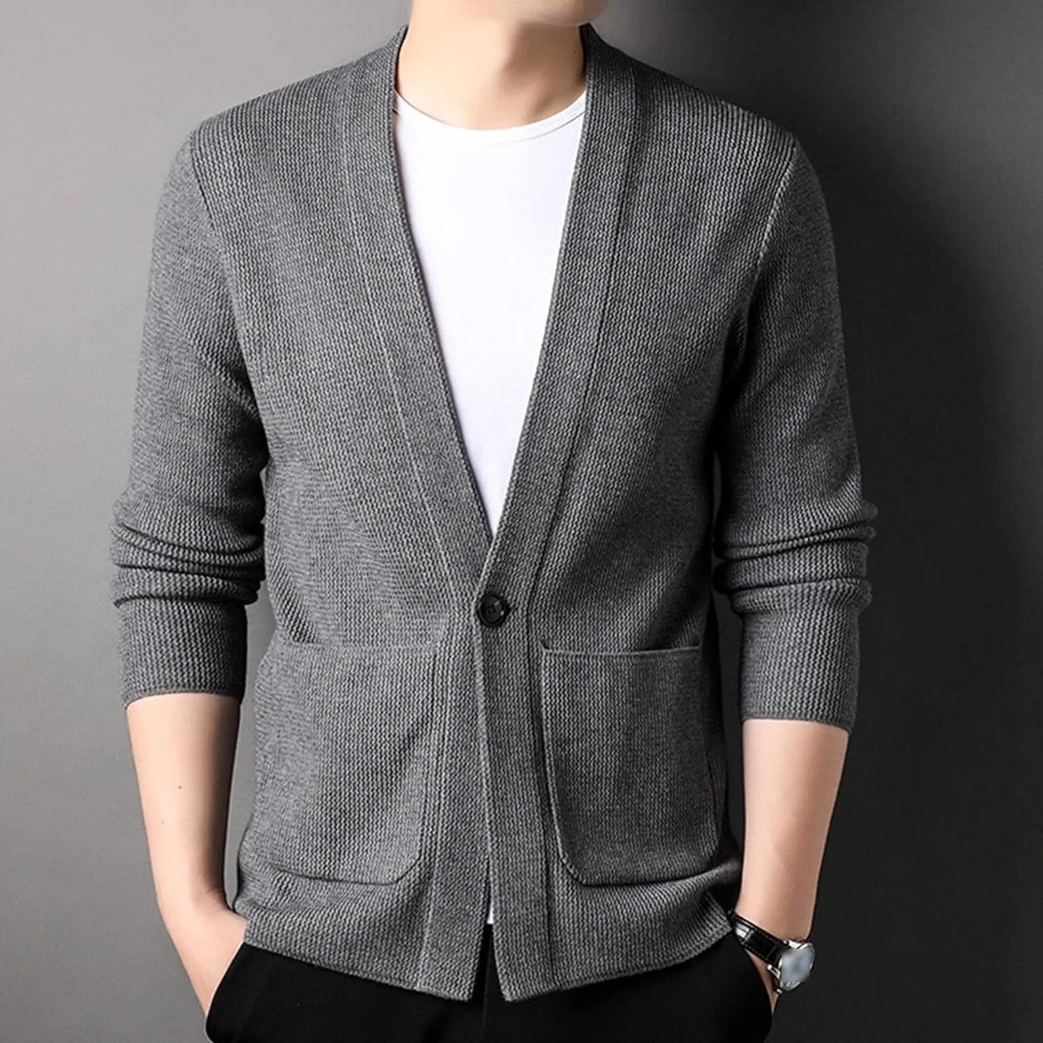 Mens Notch Collar Cardigan Slim Fit Casual Knitted Sweater Big Tall Button Down Cardigans