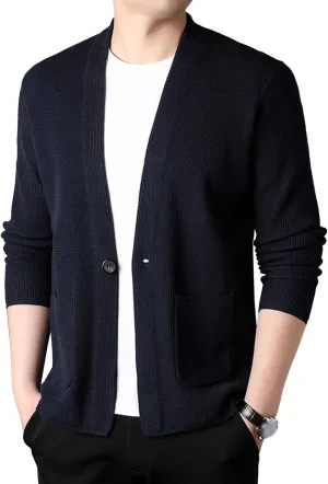 Mens Notch Collar Cardigan Slim Fit Casual Knitted Sweater Big Tall Button Down Cardigans