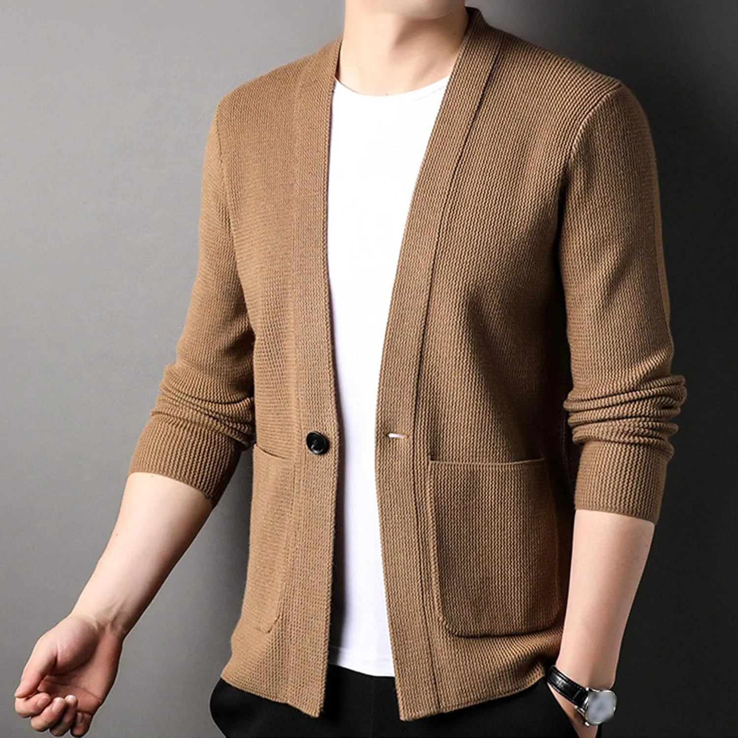Mens Notch Collar Cardigan Slim Fit Casual Knitted Sweater Big Tall Button Down Cardigans