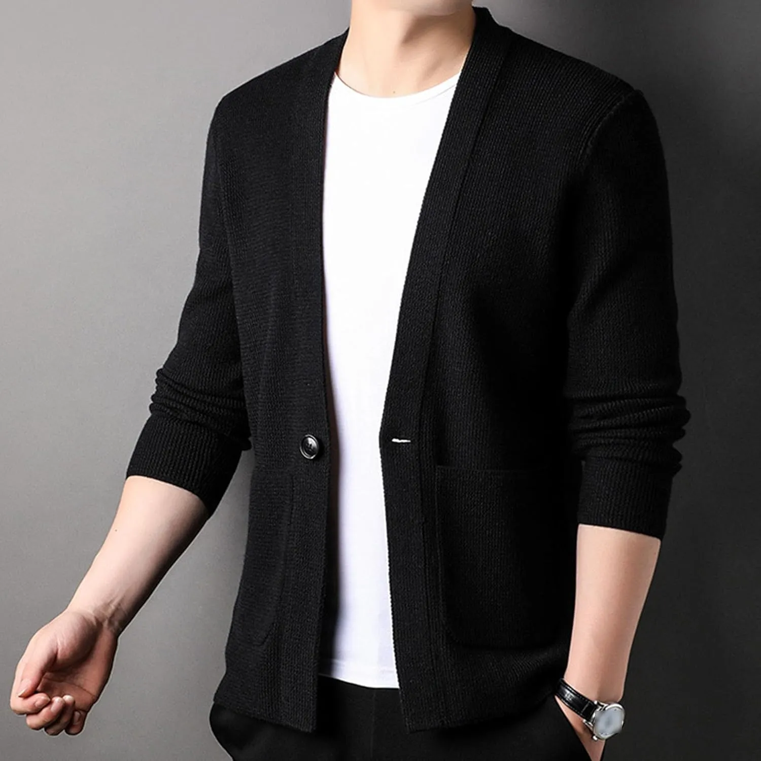 Mens Notch Collar Cardigan Slim Fit Casual Knitted Sweater Big Tall Button Down Cardigans