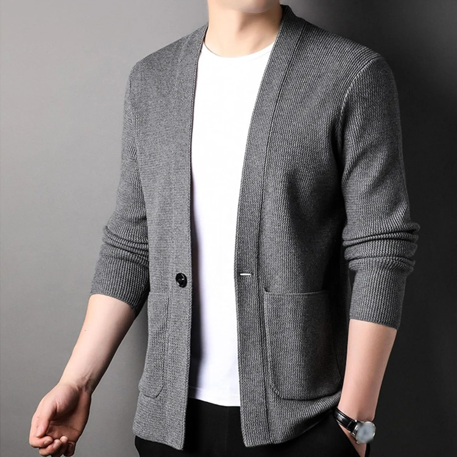 Mens Notch Collar Cardigan Slim Fit Casual Knitted Sweater Big Tall Button Down Cardigans