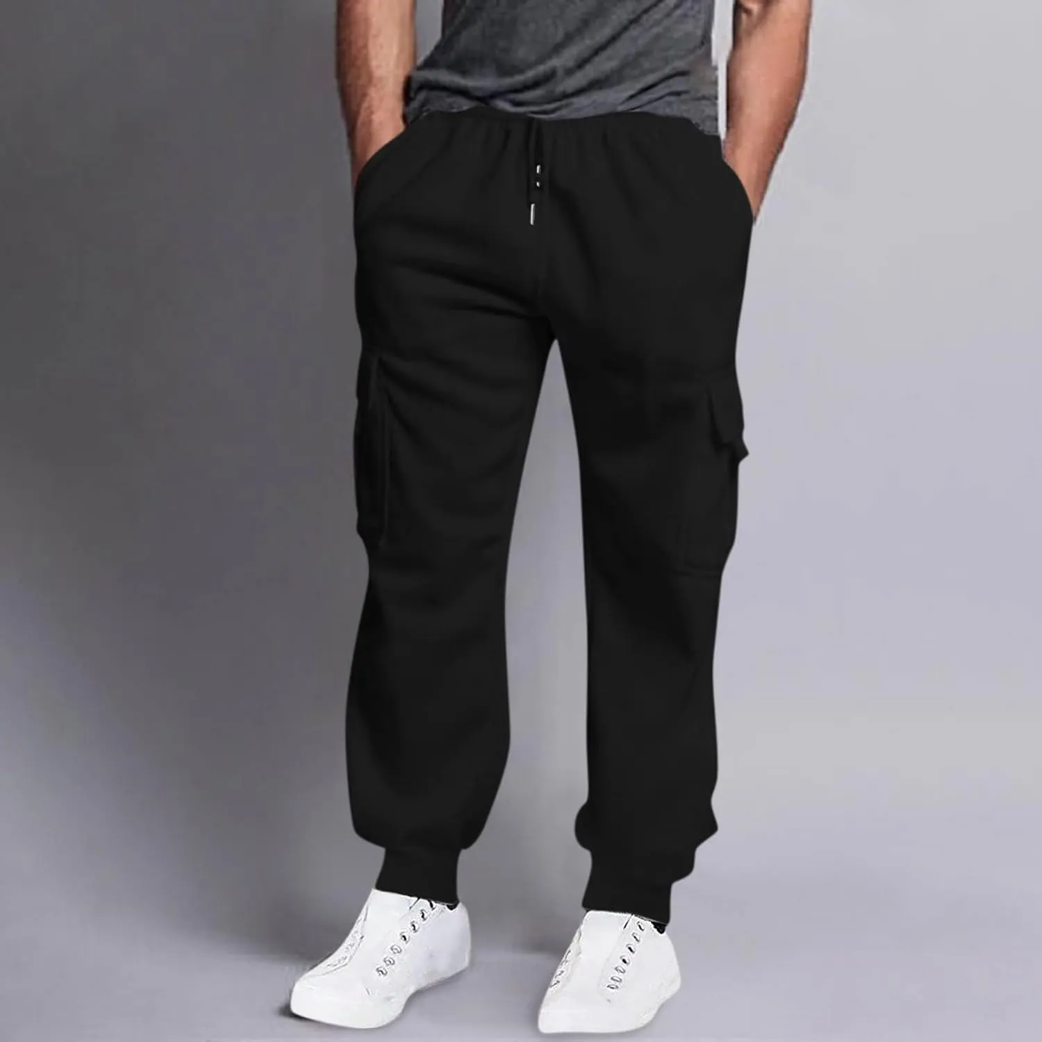 Mens Outdoor Hiking Cargo Pants Leisure Loose Sports Running Solid Color Lace Up Cargo Pants Men's Cargo Tactical