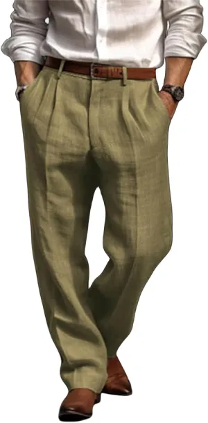 Mens Pleated Front Casual Pants Solid Twill Linen Dress Pant Loose Fit Straight Legs Elastic Waist Trousers for Men