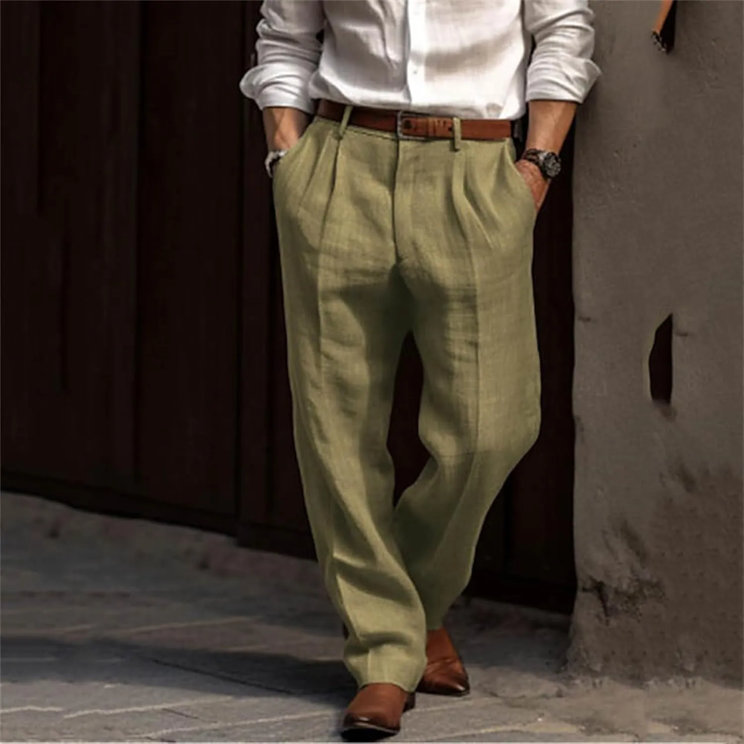 Mens Pleated Front Casual Pants Solid Twill Linen Dress Pant Loose Fit Straight Legs Elastic Waist Trousers for Men