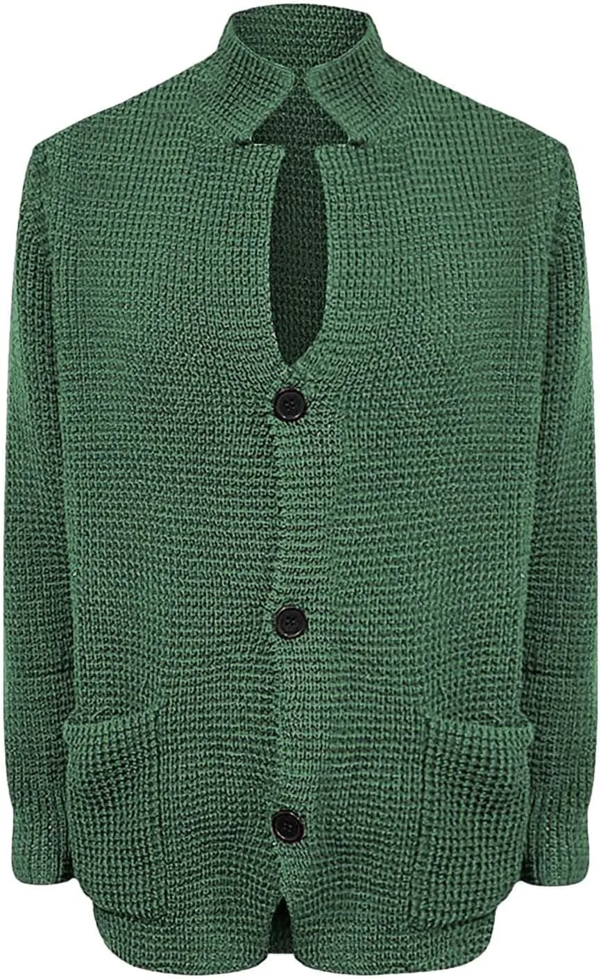 Mens Ribbed Knitted Slim Fit Cardigan Sweater Casual Long Sleeve Button Down Sweaters Stand Collar Basic Cardigans