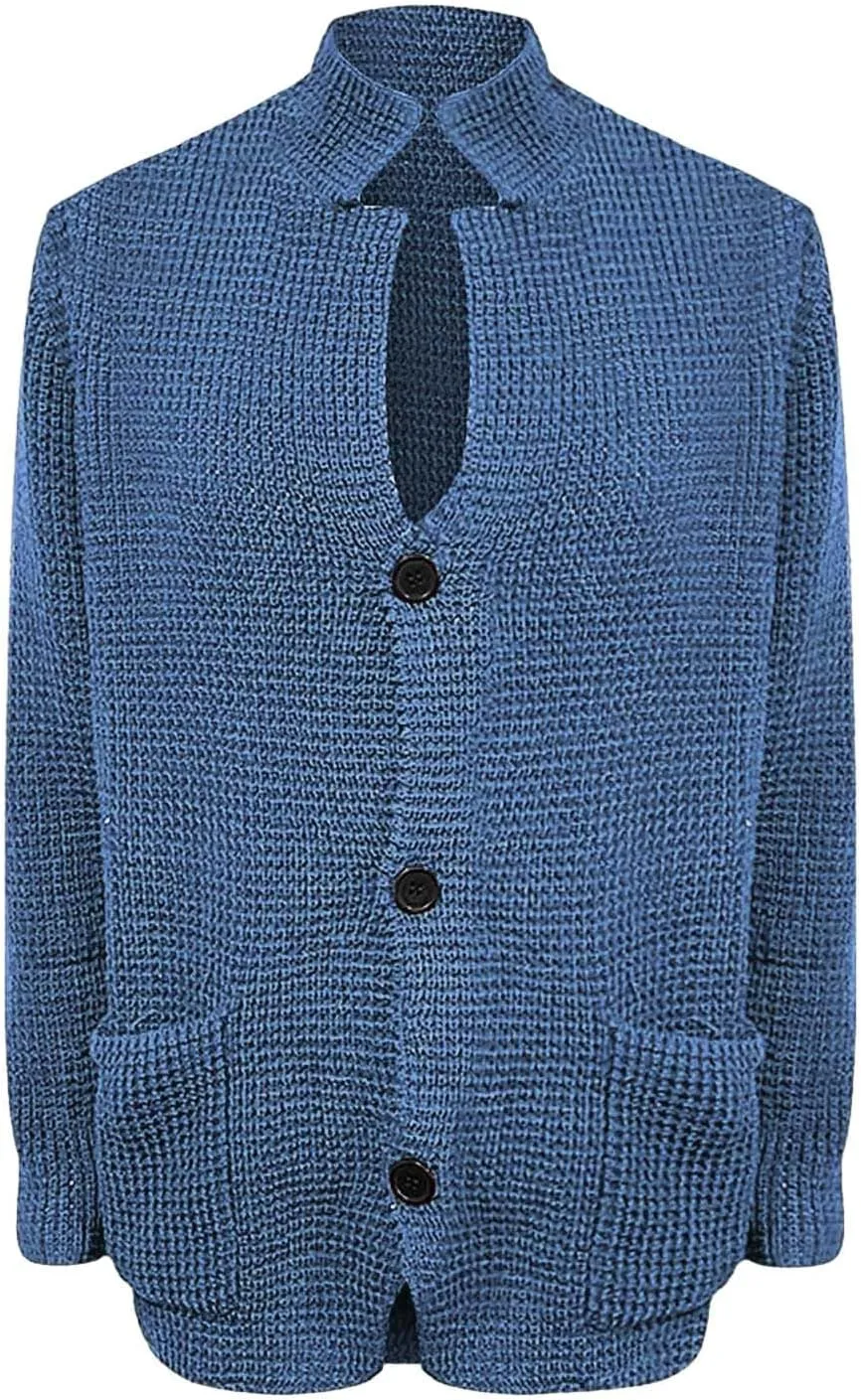 Mens Ribbed Knitted Slim Fit Cardigan Sweater Casual Long Sleeve Button Down Sweaters Stand Collar Basic Cardigans