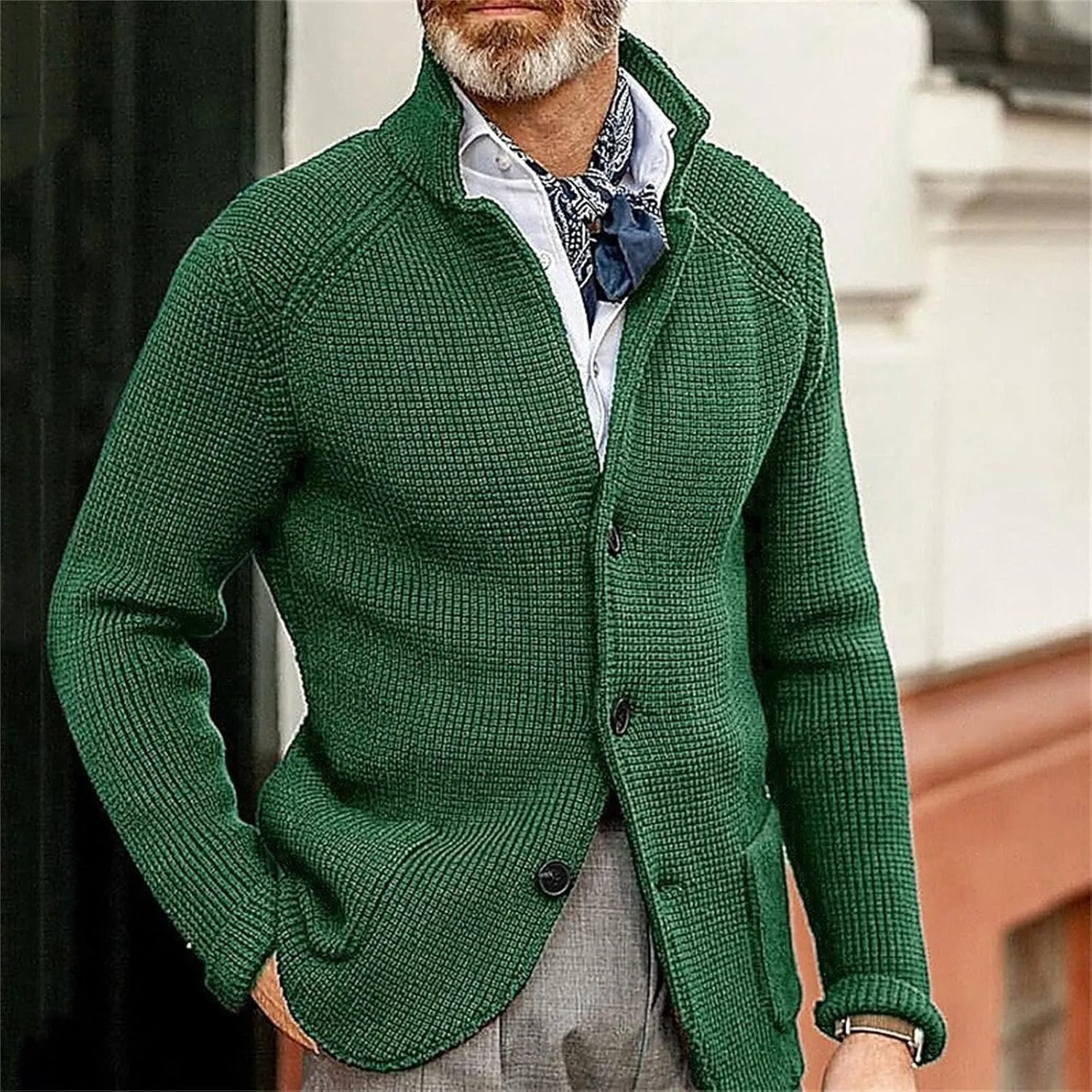 Mens Ribbed Knitted Slim Fit Cardigan Sweater Casual Long Sleeve Button Down Sweaters Stand Collar Basic Cardigans