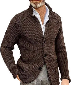 Mens Ribbed Knitted Slim Fit Cardigan Sweater Casual Long Sleeve Button Down Sweaters Stand Collar Basic Cardigans