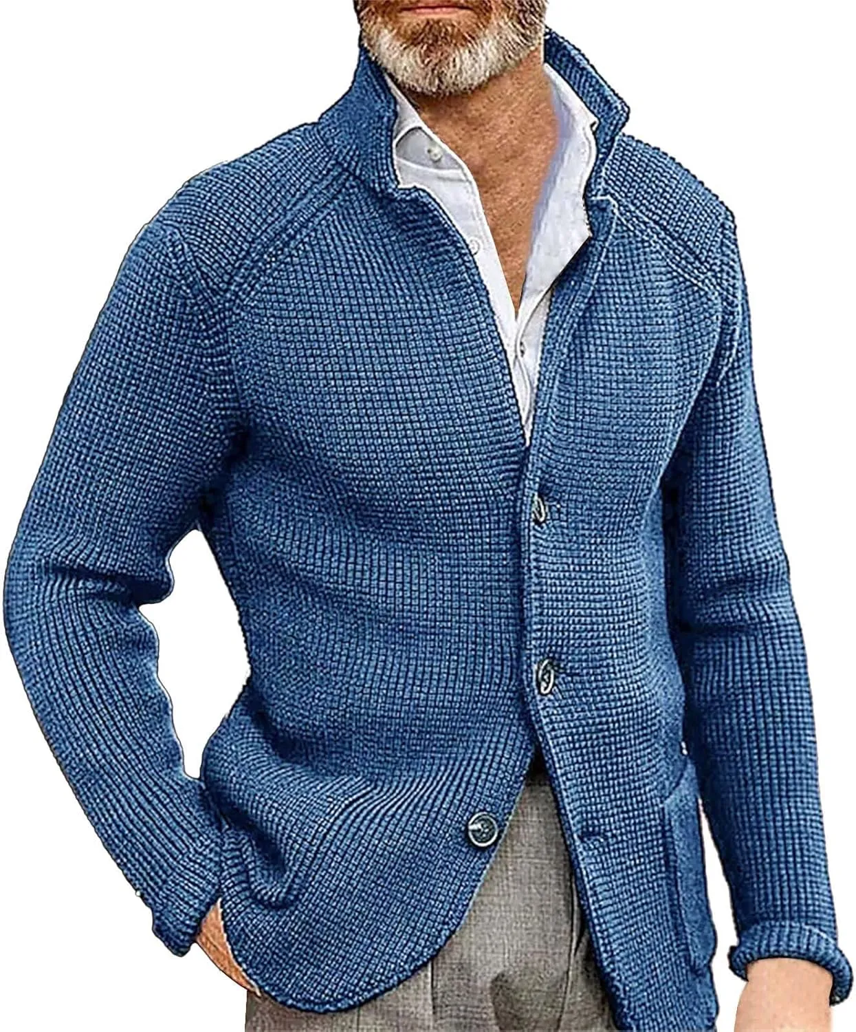 Mens Ribbed Knitted Slim Fit Cardigan Sweater Casual Long Sleeve Button Down Sweaters Stand Collar Basic Cardigans