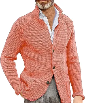Mens Ribbed Knitted Slim Fit Cardigan Sweater Casual Long Sleeve Button Down Sweaters Stand Collar Basic Cardigans