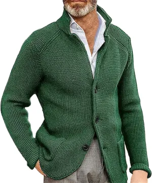 Mens Ribbed Knitted Slim Fit Cardigan Sweater Casual Long Sleeve Button Down Sweaters Stand Collar Basic Cardigans