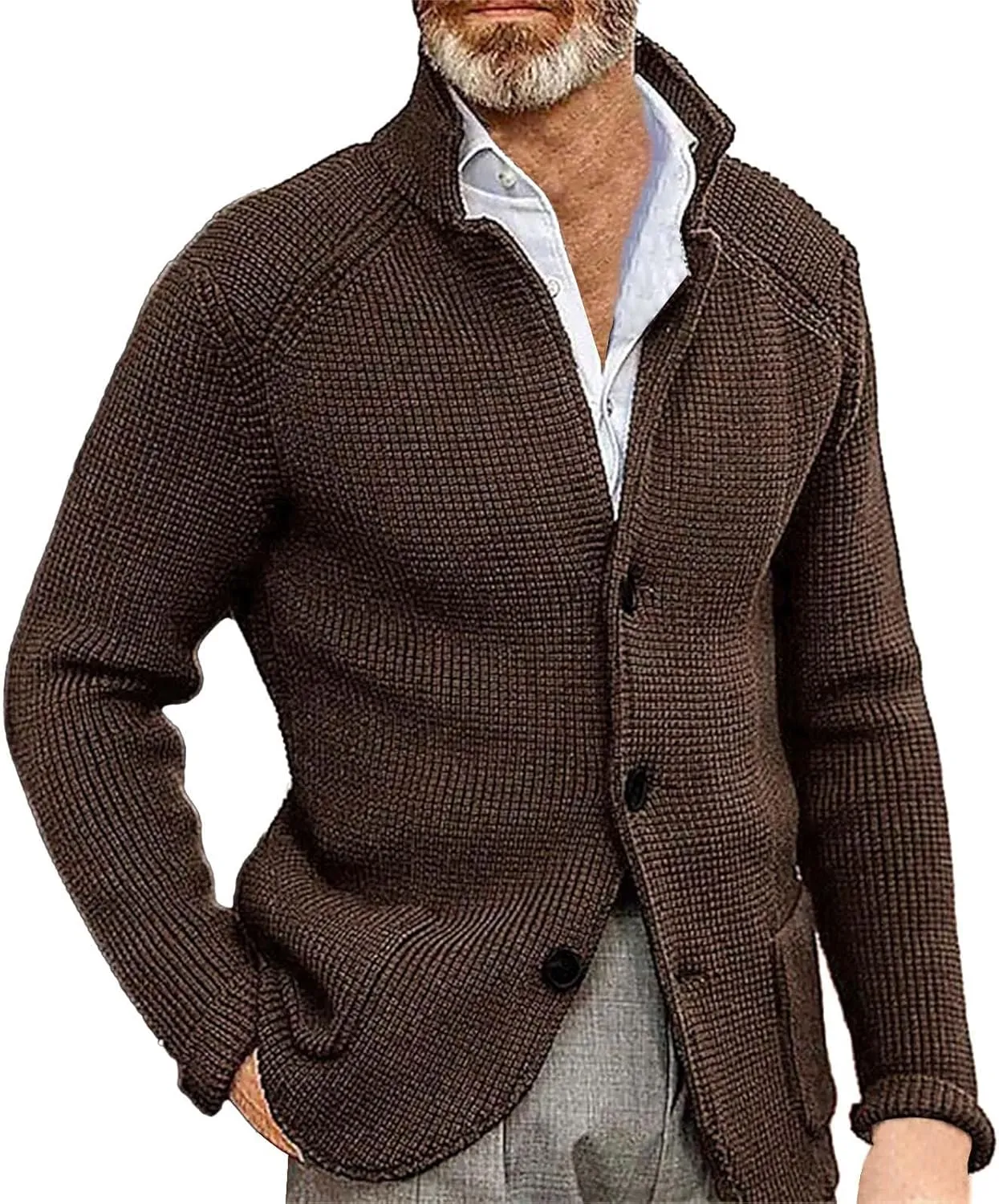Mens Ribbed Knitted Slim Fit Cardigan Sweater Casual Long Sleeve Button Down Sweaters Stand Collar Basic Cardigans