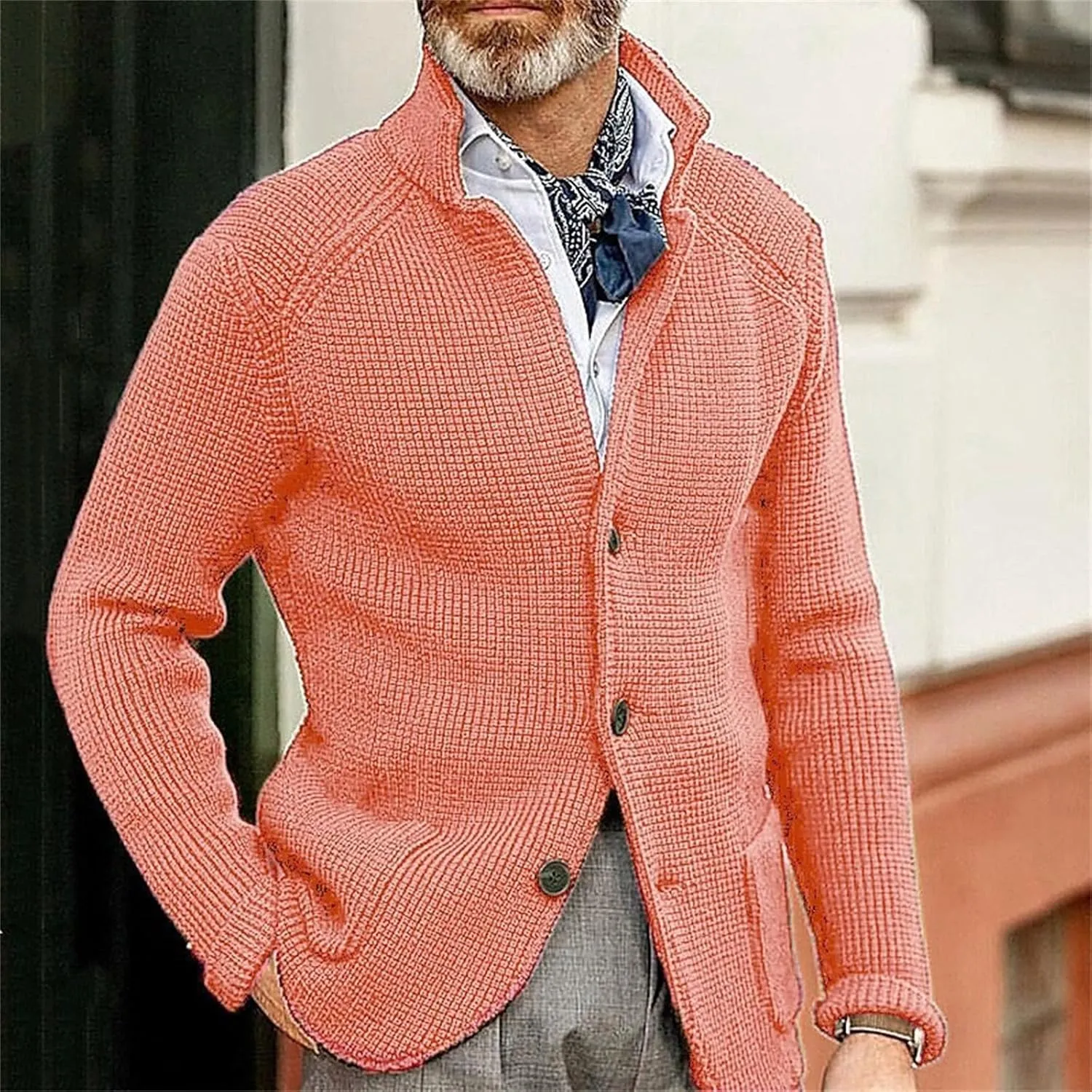 Mens Ribbed Knitted Slim Fit Cardigan Sweater Casual Long Sleeve Button Down Sweaters Stand Collar Basic Cardigans
