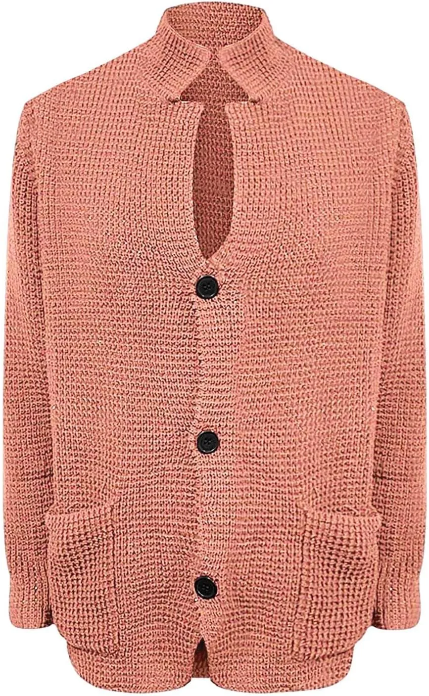 Mens Ribbed Knitted Slim Fit Cardigan Sweater Casual Long Sleeve Button Down Sweaters Stand Collar Basic Cardigans