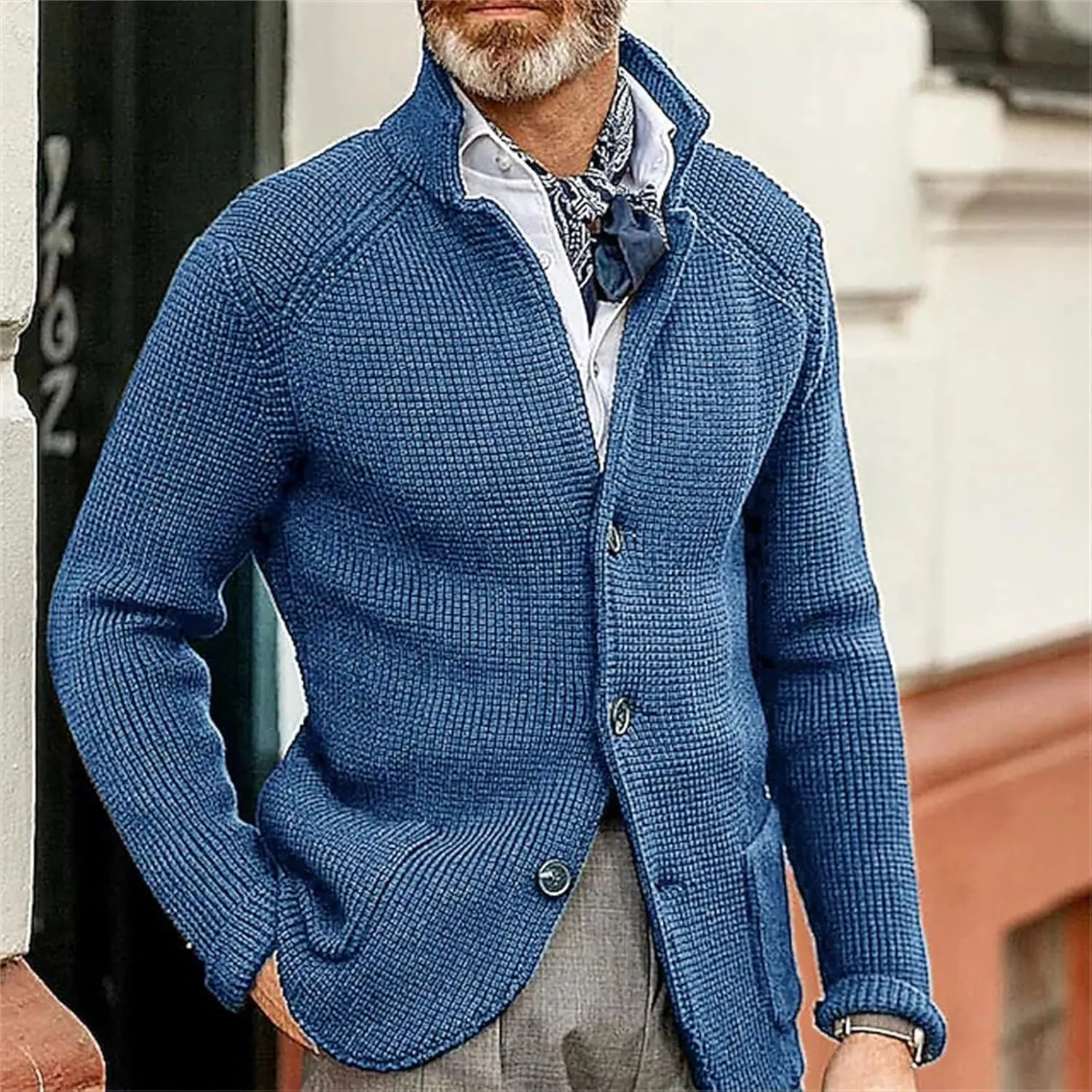 Mens Ribbed Knitted Slim Fit Cardigan Sweater Casual Long Sleeve Button Down Sweaters Stand Collar Basic Cardigans