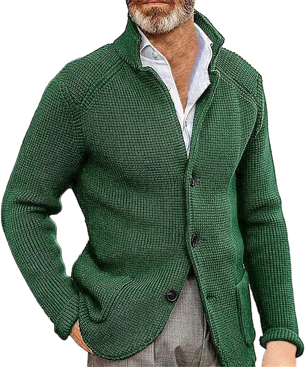 Mens Ribbed Knitted Slim Fit Cardigan Sweater Casual Long Sleeve Button Down Sweaters Stand Collar Basic Cardigans
