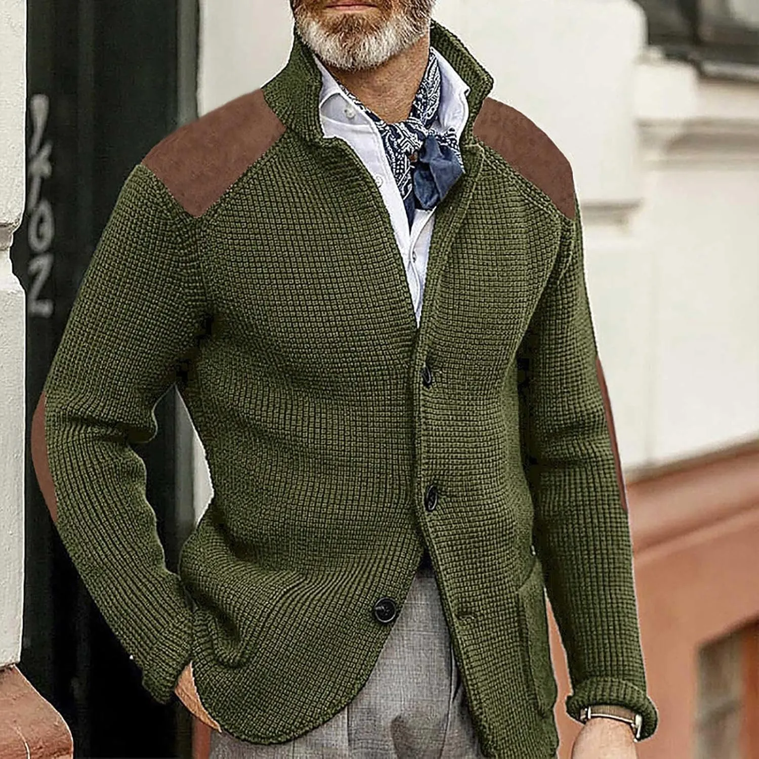 Mens Shawl Collar Cardigan Sweater Button Down Warm Knitted Sweaters Shoulder Patch Winter Chunky Cardigans