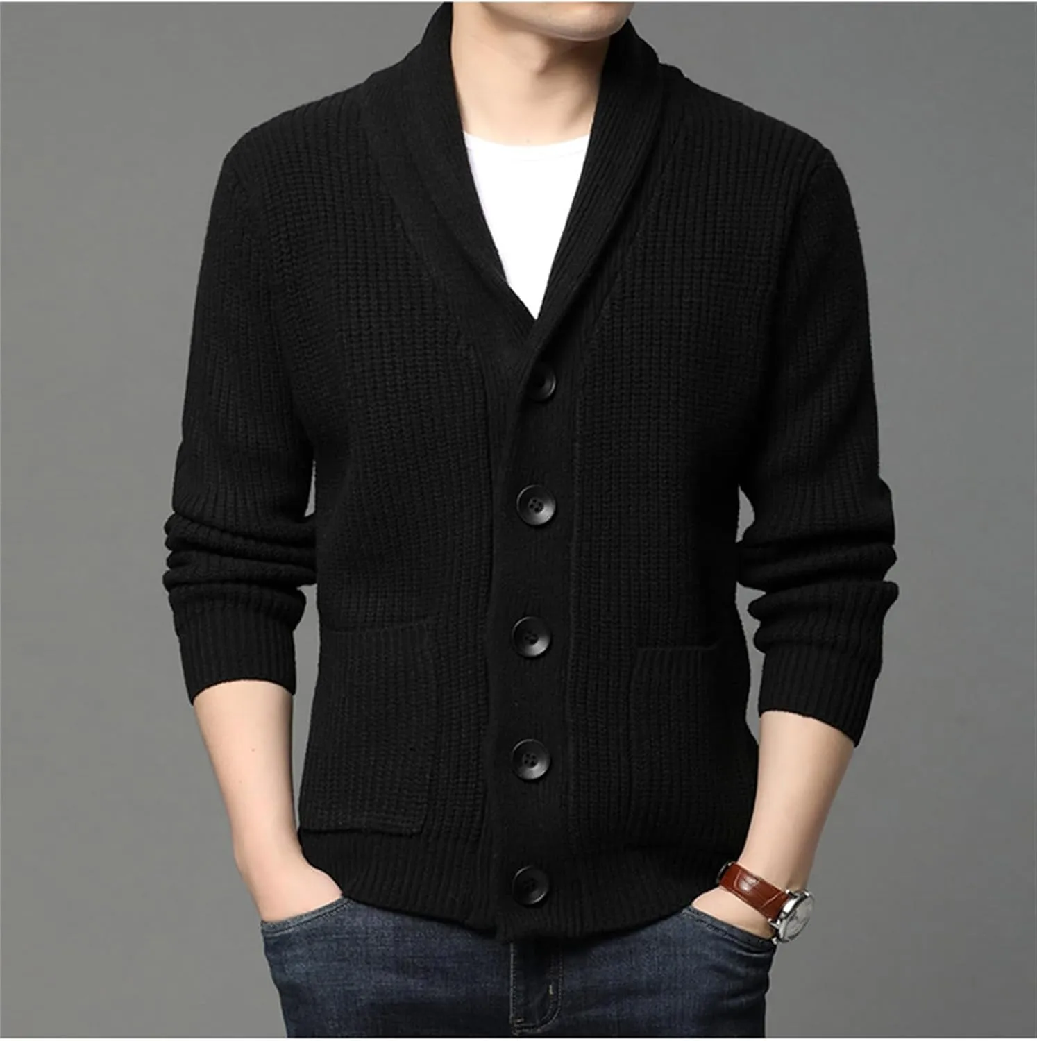 Men's Shawl Collar Cardigan Sweater Knit Textured Sweater Slim Long Sleeve High Collar Solid Color Button Down Cardigans