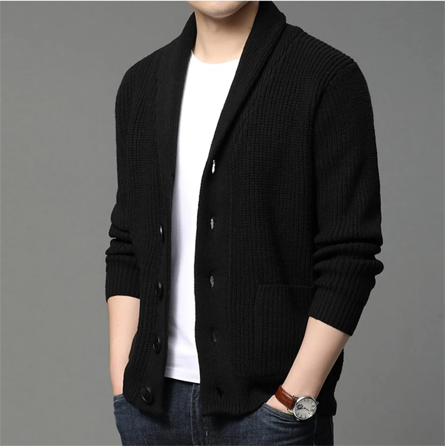 Men's Shawl Collar Cardigan Sweater Knit Textured Sweater Slim Long Sleeve High Collar Solid Color Button Down Cardigans
