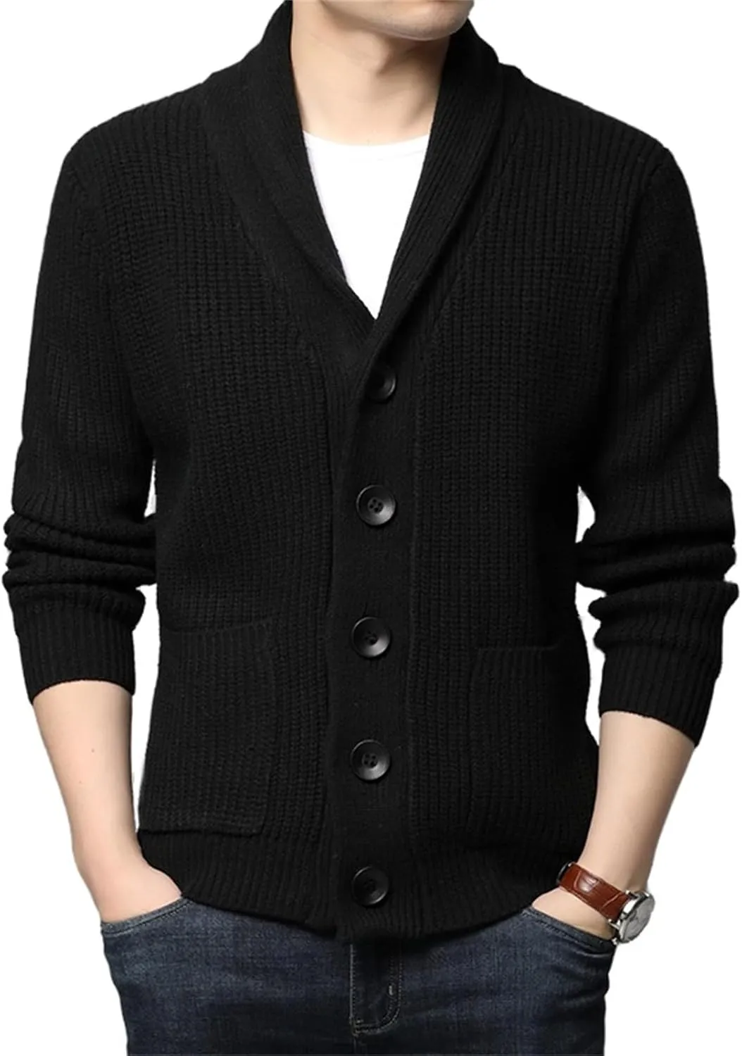 Men's Shawl Collar Cardigan Sweater Knit Textured Sweater Slim Long Sleeve High Collar Solid Color Button Down Cardigans