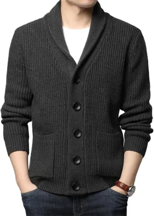 Men's Shawl Collar Cardigan Sweater Knit Textured Sweater Slim Long Sleeve High Collar Solid Color Button Down Cardigans