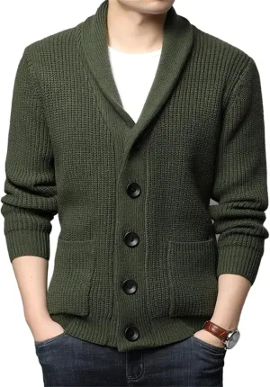Men's Shawl Collar Cardigan Sweater Knit Textured Sweater Slim Long Sleeve High Collar Solid Color Button Down Cardigans