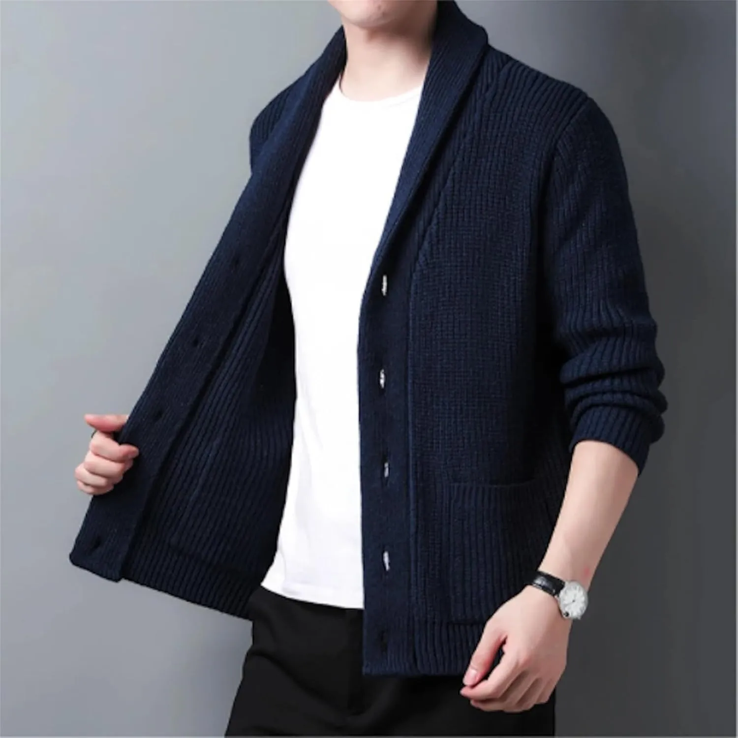 Men's Shawl Collar Cardigan Sweater Knit Textured Sweater Slim Long Sleeve High Collar Solid Color Button Down Cardigans