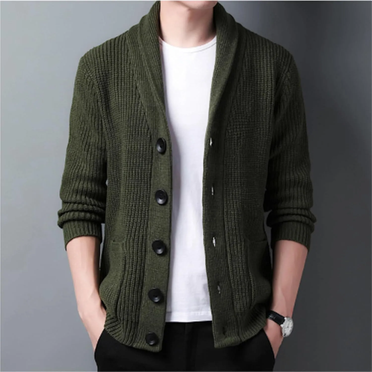 Men's Shawl Collar Cardigan Sweater Knit Textured Sweater Slim Long Sleeve High Collar Solid Color Button Down Cardigans