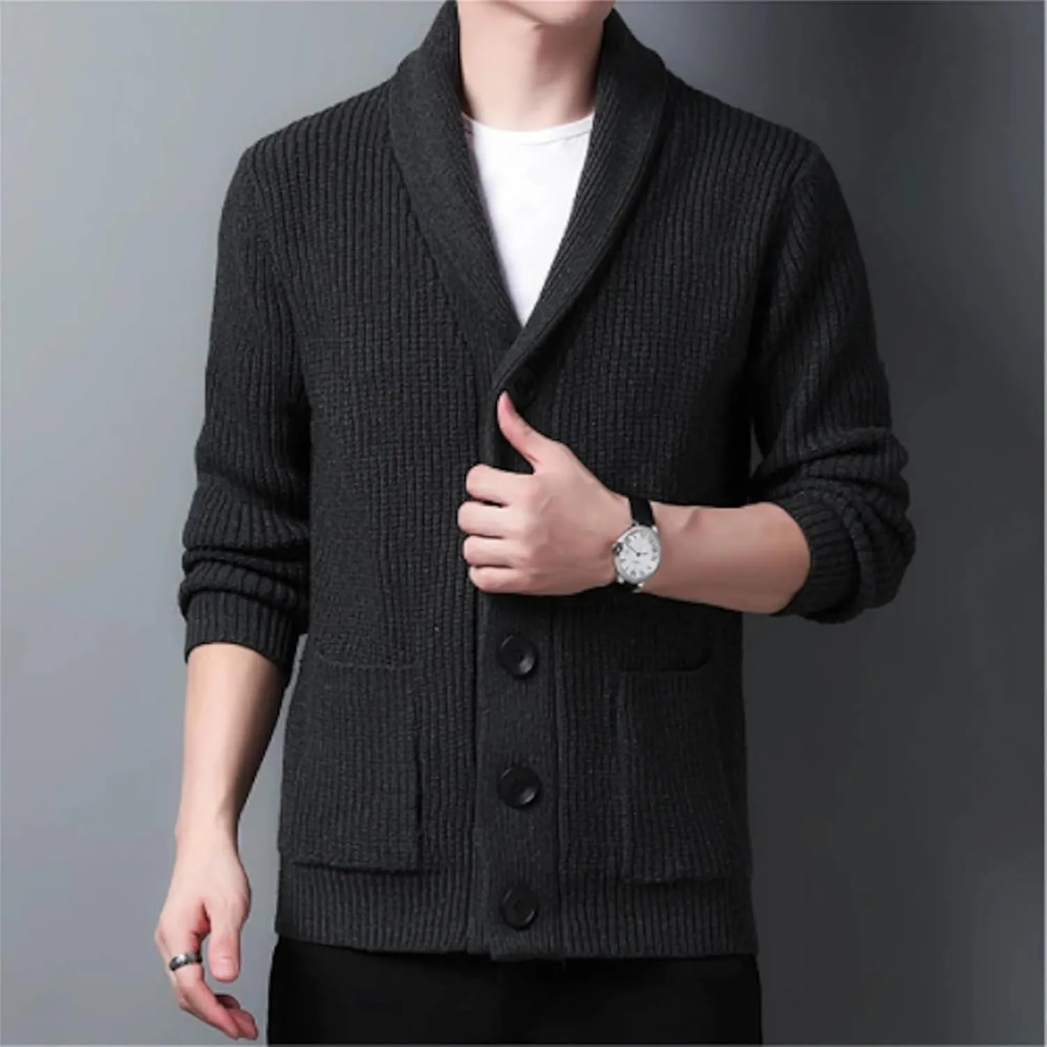 Men's Shawl Collar Cardigan Sweater Knit Textured Sweater Slim Long Sleeve High Collar Solid Color Button Down Cardigans