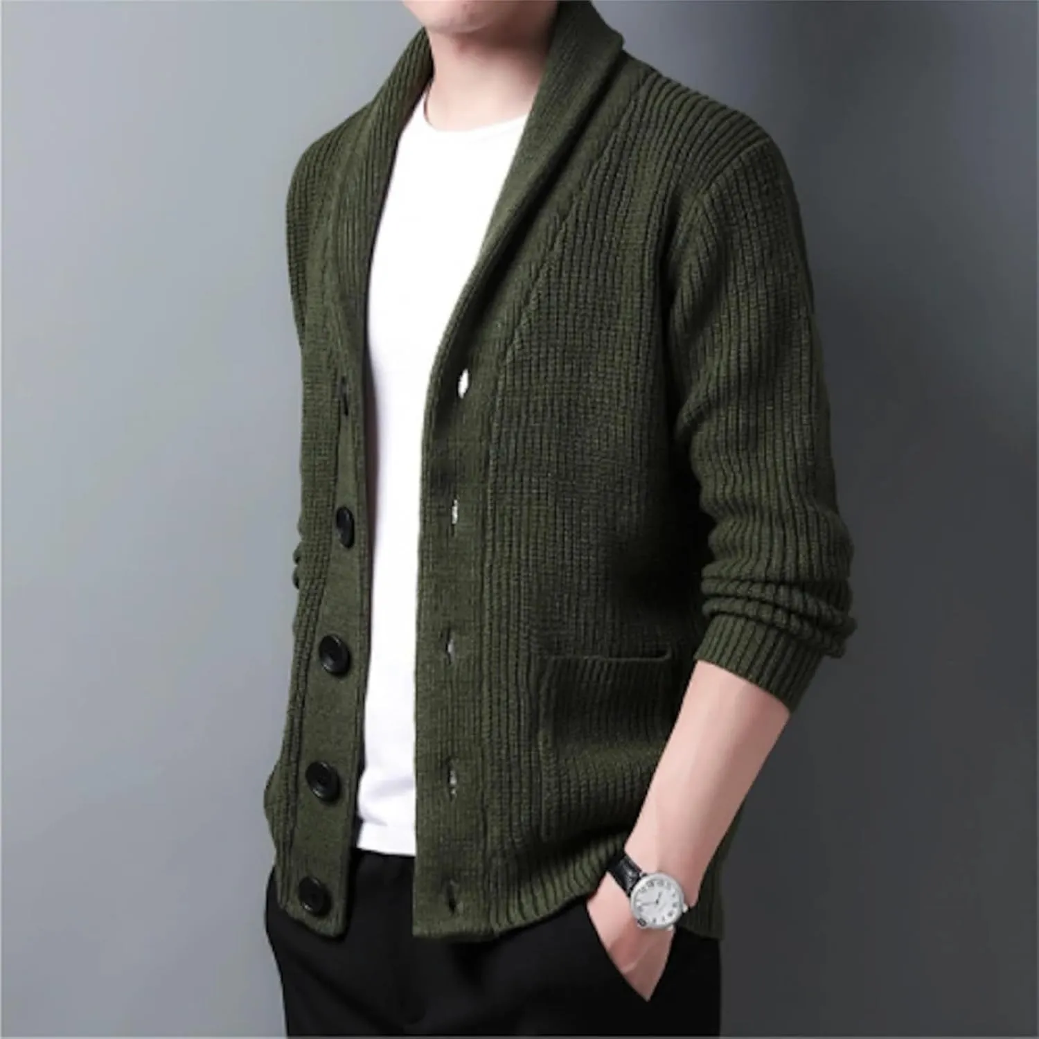 Men's Shawl Collar Cardigan Sweater Knit Textured Sweater Slim Long Sleeve High Collar Solid Color Button Down Cardigans