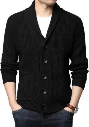 Men's Shawl Collar Cardigan Sweater Knit Textured Sweater Slim Long Sleeve High Collar Solid Color Button Down Cardigans