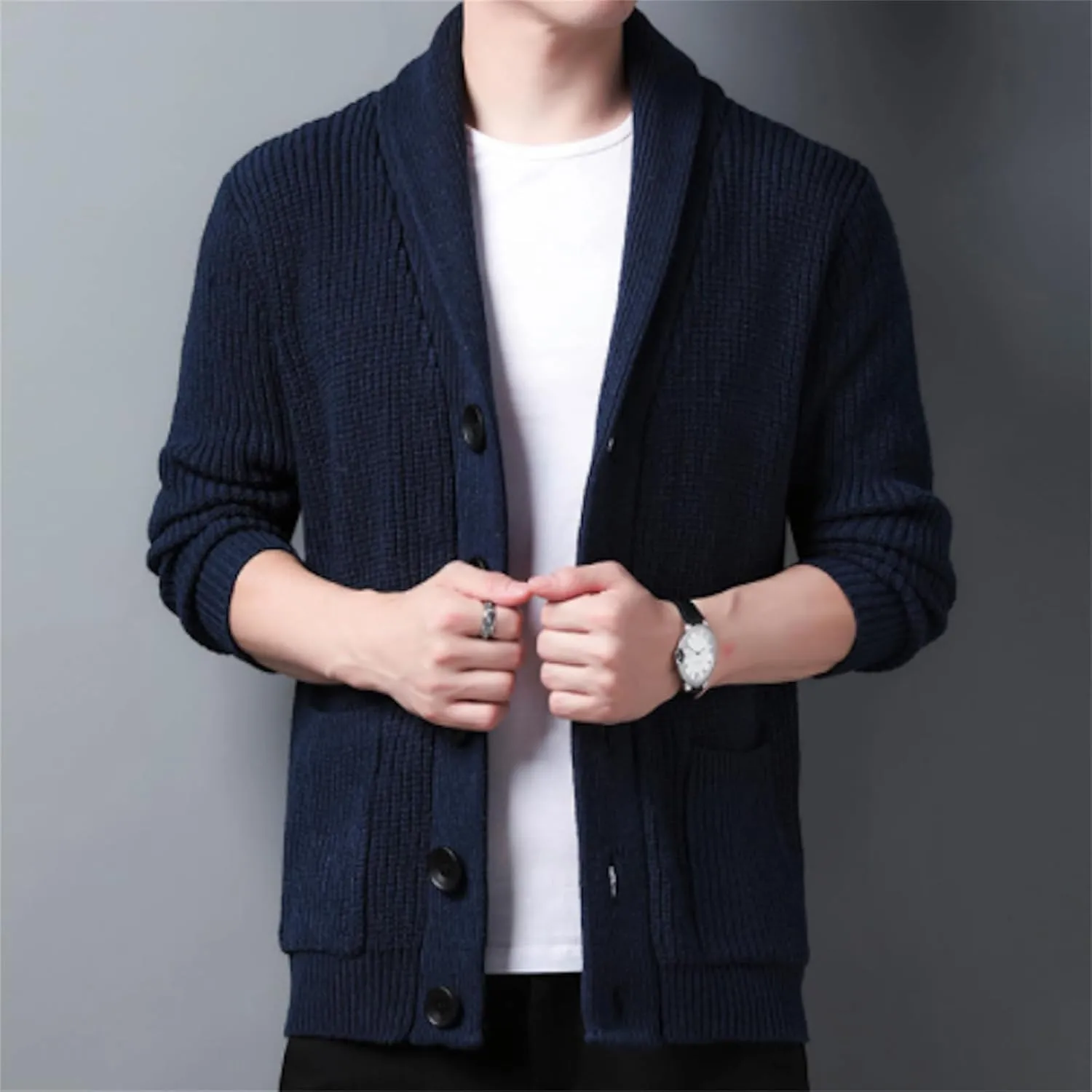 Men's Shawl Collar Cardigan Sweater Knit Textured Sweater Slim Long Sleeve High Collar Solid Color Button Down Cardigans