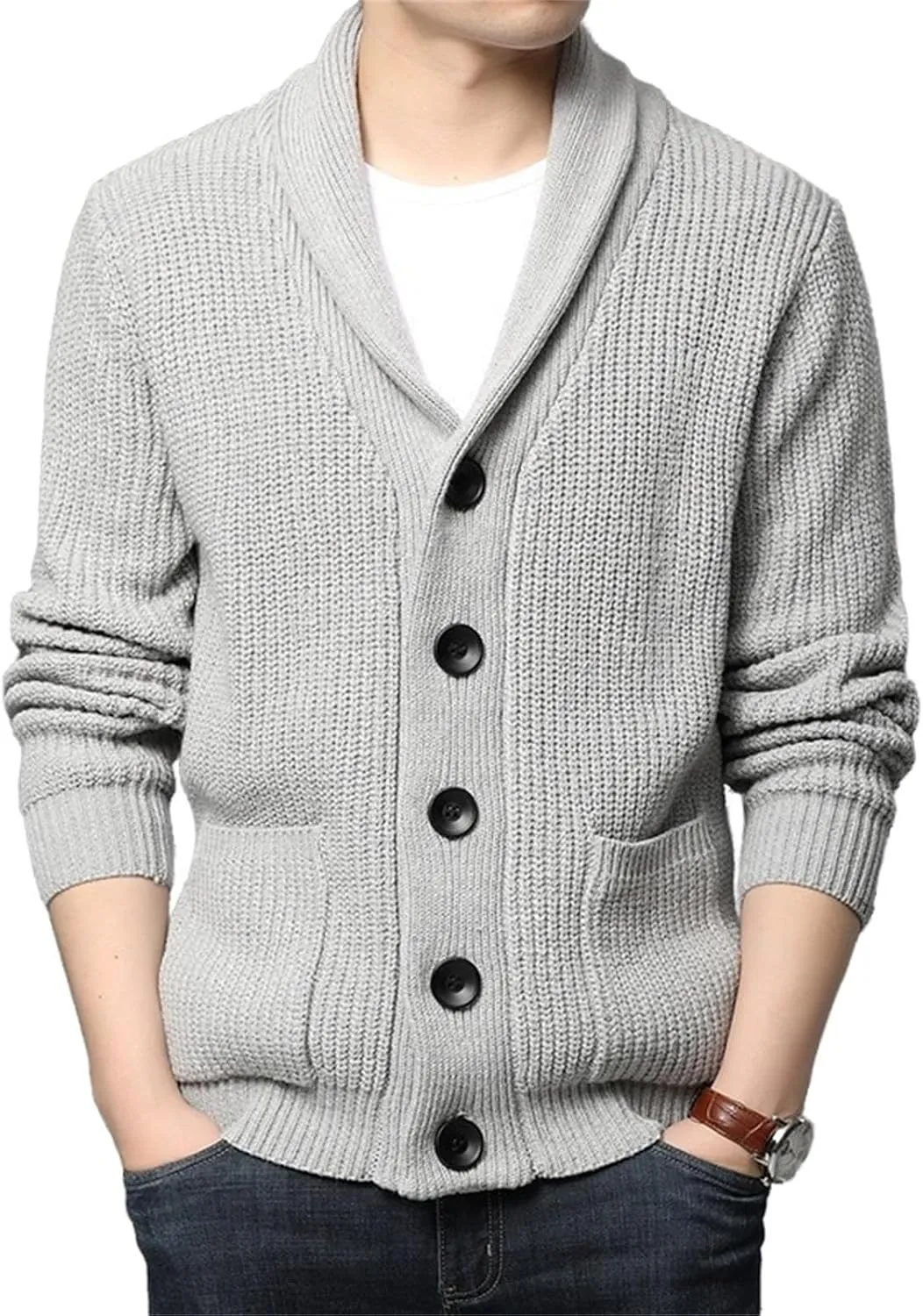 Men's Shawl Collar Cardigan Sweater Knit Textured Sweater Slim Long Sleeve High Collar Solid Color Button Down Cardigans