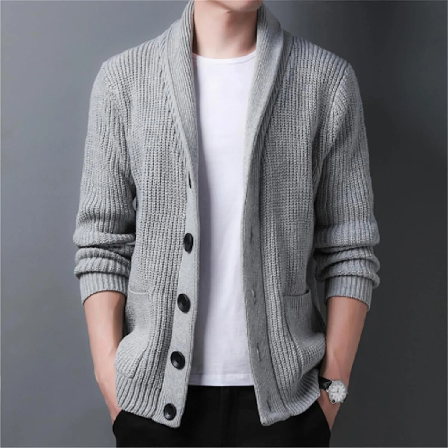 Men's Shawl Collar Cardigan Sweater Knit Textured Sweater Slim Long Sleeve High Collar Solid Color Button Down Cardigans
