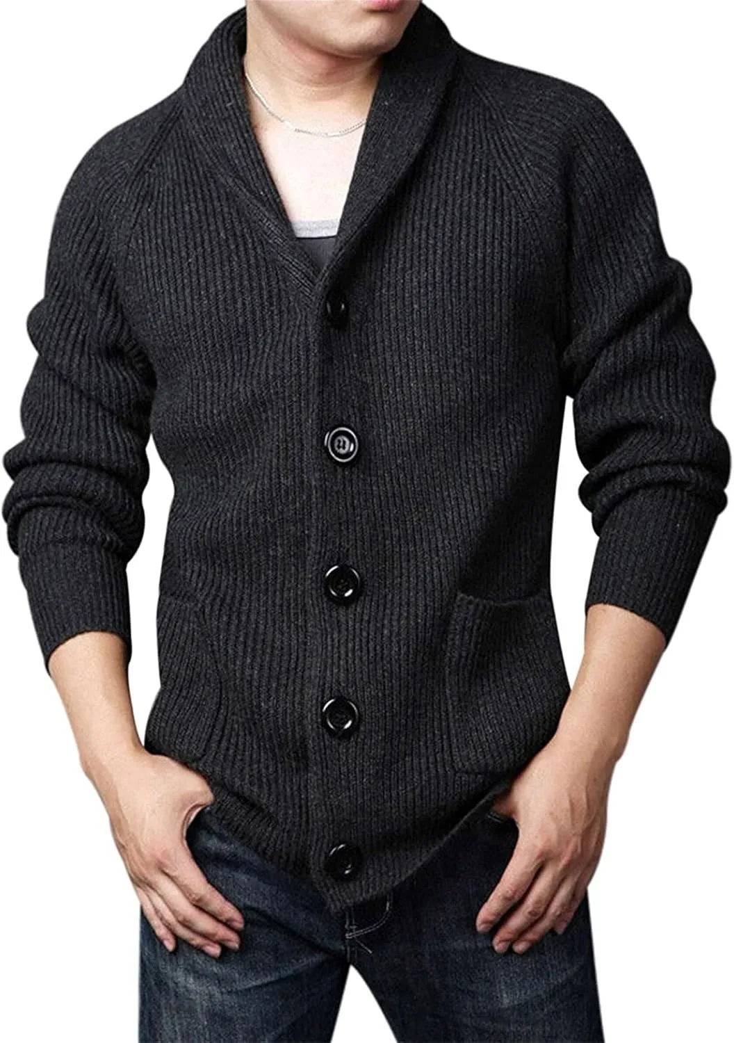 Men's Shawl Collar Cardigan Sweater Knit Textured Sweater Slim Long Sleeve High Collar Solid Color Button Down Cardigans