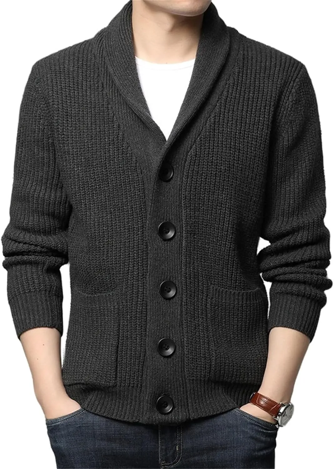 Men's Shawl Collar Cardigan Sweater Knit Textured Sweater Slim Long Sleeve High Collar Solid Color Button Down Cardigans