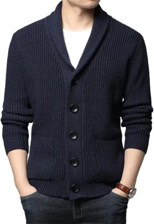 Men's Shawl Collar Cardigan Sweater Knit Textured Sweater Slim Long Sleeve High Collar Solid Color Button Down Cardigans