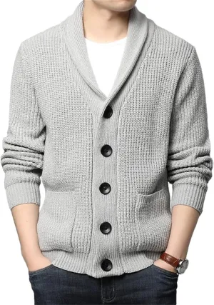 Men's Shawl Collar Cardigan Sweater Knit Textured Sweater Slim Long Sleeve High Collar Solid Color Button Down Cardigans