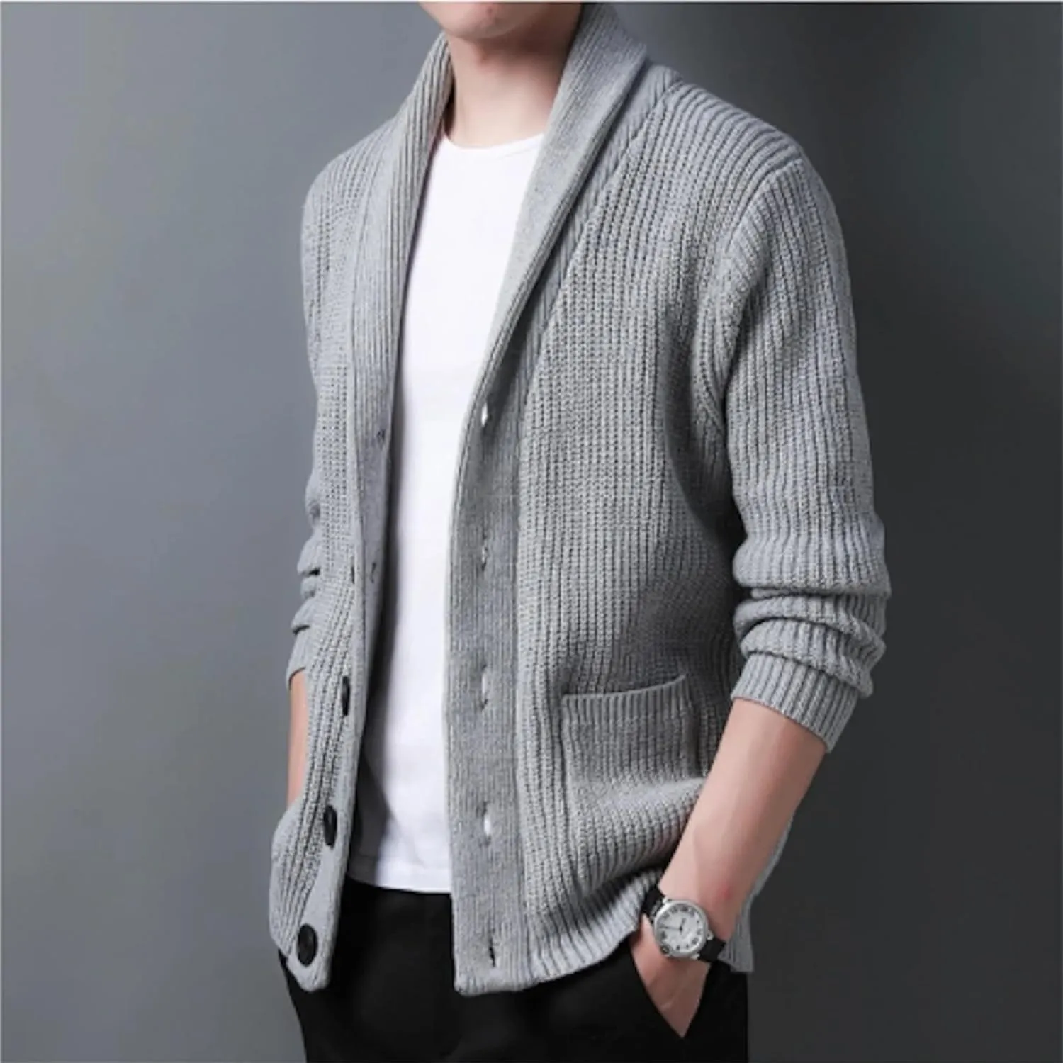 Men's Shawl Collar Cardigan Sweater Knit Textured Sweater Slim Long Sleeve High Collar Solid Color Button Down Cardigans