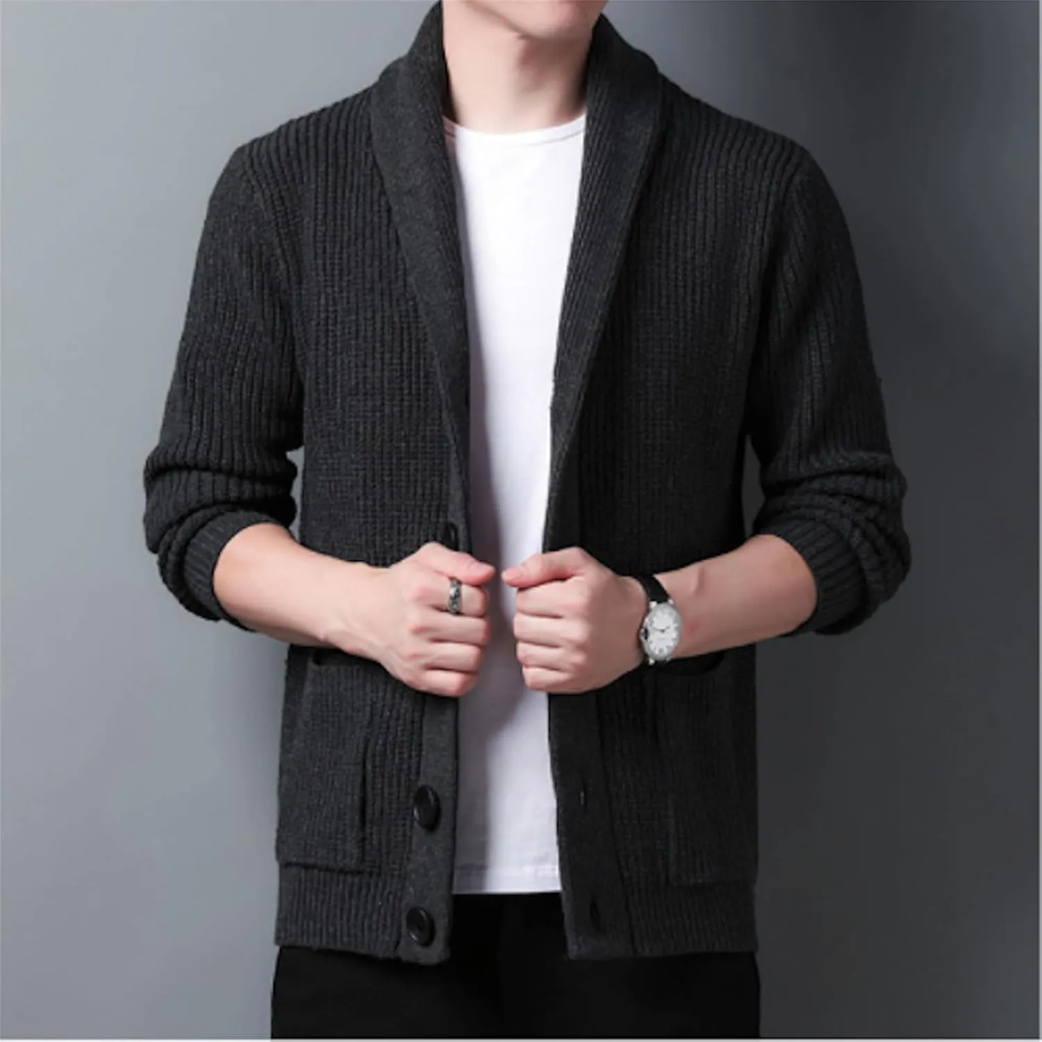 Men's Shawl Collar Cardigan Sweater Knit Textured Sweater Slim Long Sleeve High Collar Solid Color Button Down Cardigans