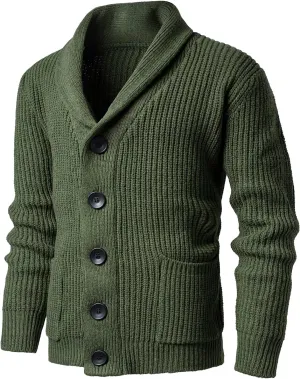 Mens Shawl Collar Cardigan Sweaters Button Down Cardigans with Pockets Cable Knitted Jackets Outwear