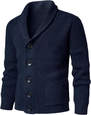 Mens Shawl Collar Cardigan Sweaters Button Down Cardigans with Pockets Cable Knitted Jackets Outwear