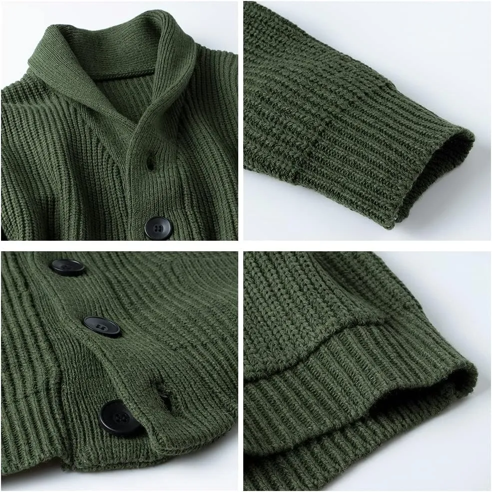 Mens Shawl Collar Cardigan Sweaters Button Down Cardigans with Pockets Cable Knitted Jackets Outwear