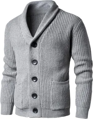 Mens Shawl Collar Cardigan Sweaters Button Down Cardigans with Pockets Cable Knitted Jackets Outwear